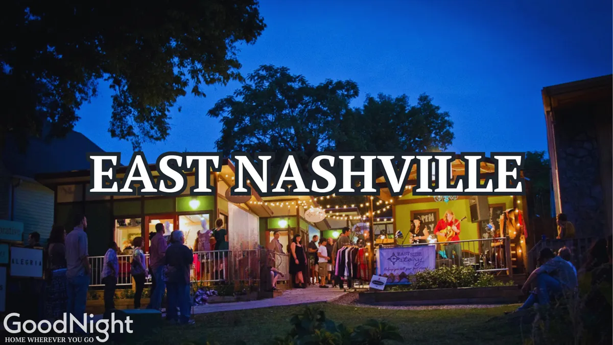 An outdoor market scene strung with glowing lights, where groups of people mingle, shop, and enjoy live music under an open night sky. The atmosphere is festive and social, capturing the vibrant communal spirit of Nashville’s neighborhoods.