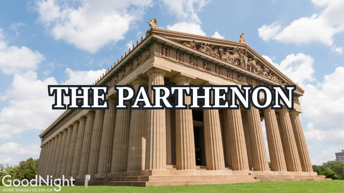 This image captures the iconic Parthenon structure in Centennial Park, showcasing its grand columns and detailed frieze. The scene exudes a majestic atmosphere, inviting families to explore one of Nashville's top cultural attractions.