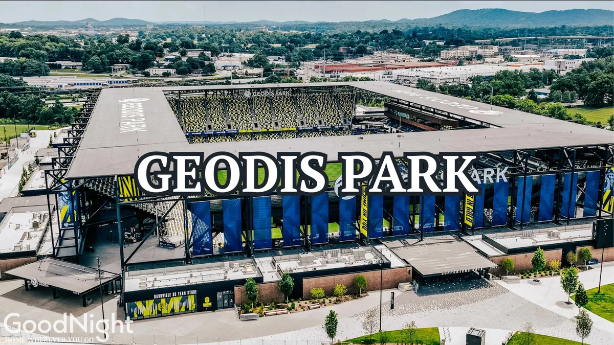 The dynamic entrance to GEODIS PARK stadium, surrounded by landscaping and inviting public spaces. The design highlights the vibrancy of live soccer matches and community events.