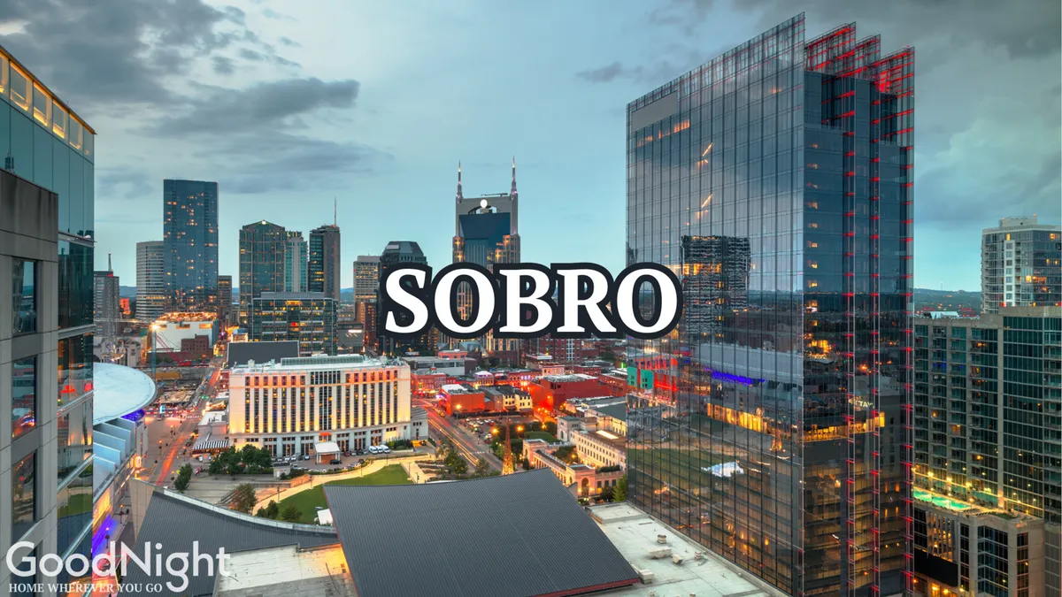 The image presents a sweeping city skyline at dusk, with neon lights and modern architecture illustrating Nashville's vibrant atmosphere. It hints at urban exploration and the energy of Music City after a day of family fun.