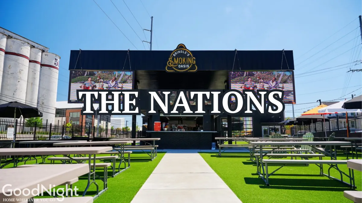 A festive restaurant exterior with outdoor seating and prominent signage, inviting guests to dine or host an event. The scene buzzes with possibility for group meals, casual networking, or unwinding after a productive day.